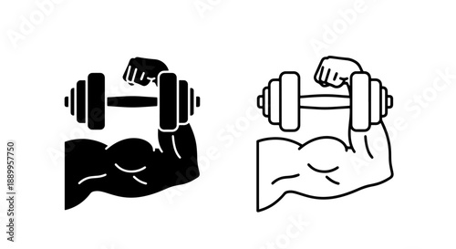 Muscular Arm Lifting Dumbbell Icons: Black and Outline Styles for Fitness, Strength, and Exercise