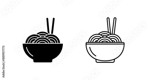 Simple Line Art and Silhouette Icons of Asian Noodles in a Bowl with Chopsticks