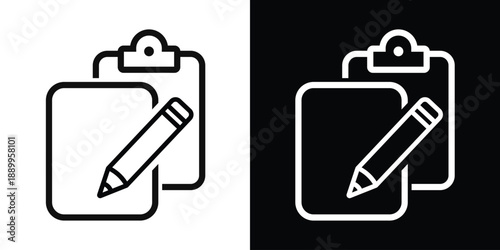 Professional clipboard and pencil icon set. Represents task management, reporting, survey, and administrative work. Linear style for business apps, education tools, and office checklists.