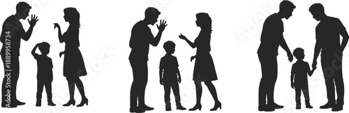 Family silhouettes showing parents talking and guiding children, communication, parenting moments and relationships concept isolated on white background
