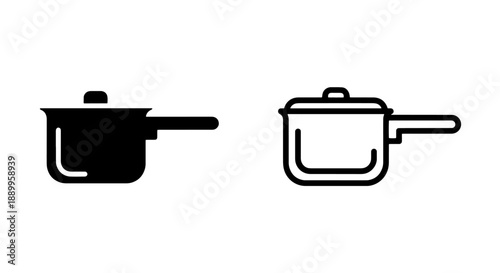 Vector graphics of a cooking pot with a handle, presented in solid black and line art formats for culinary design.
