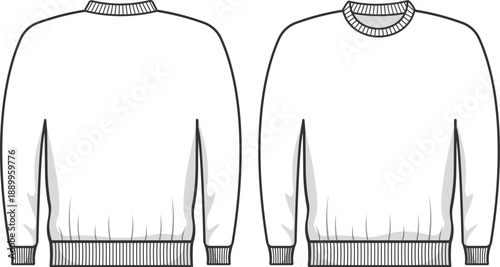 Clean black and white line illustration of a sweatshirt shown from front and back views. Minimal flat design suitable for fashion sketches, apparel mockups, clothing templates, print designs, and