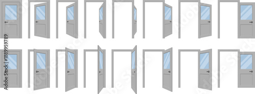 Set of modern door icons displaying open, half-open, and closed positions. Clean vector style isolated on white background, ideal for interface design, web projects, motion graphics, and access or