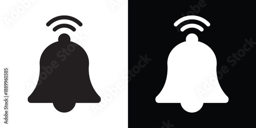 Solid bell silhouette icon with signal waves representing active notifications or alerts. Provided in high-contrast black and white styles for mobile and desktop systems.