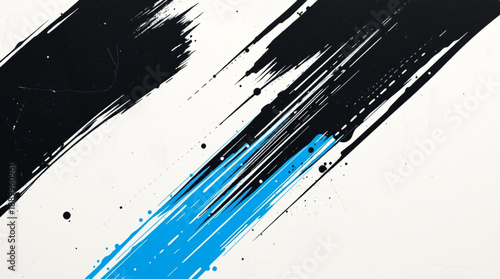 Dynamic black and blue brush strokes creating an abstract art background with paint splatters on a white canvas, showcasing expressive artistic movement.