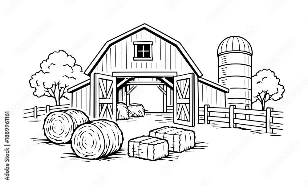 Naklejka premium Farm Barn with Hay Bales Sketch Vector Rural Agriculture Illustration