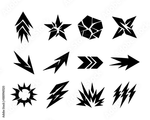 Sharp Arrow and Lightning Shapes Set in Black Vector Symbols