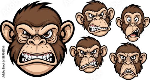 Cartoon illustration set of aggressive chimpanzee monkey heads displaying various intense angry facial expressions suitable for mascot design.