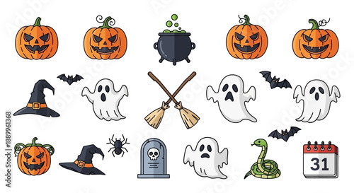 Halloween Icons Collection: Pumpkins, Ghosts, Bats, Witch Hats, and More for Spooky Designs