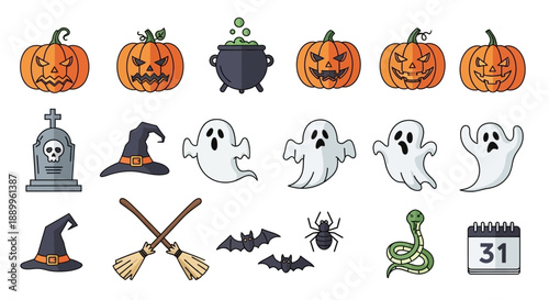 Spooky Halloween Icons: Pumpkins, Ghosts, Bats, and More - Vector Illustration