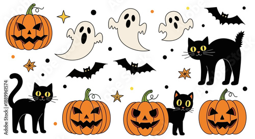 Cute Halloween Characters: Pumpkins, Ghosts, Bats, and Black Cats Illustration