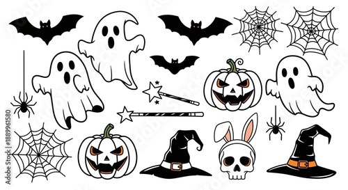 Halloween Vector Set: Ghosts, Bats, Pumpkins, Spiders, Hats, and Magic Wands