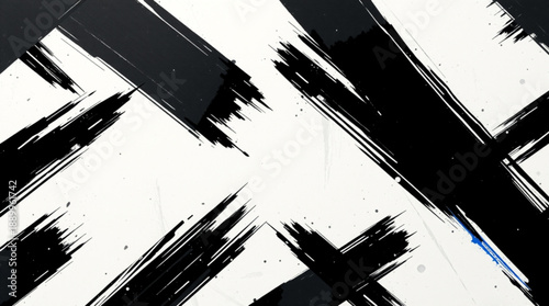 Bold black brushstrokes creating an abstract, dynamic pattern on a white background, showcasing texture and movement.