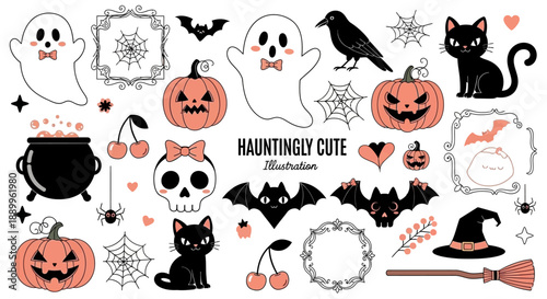 Charming Halloween Illustration Collection: Ghosts, Cats, Pumpkins, Bats, and More