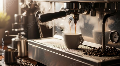 Espresso machine pouring coffee into a white cup on a busy cafe counter.