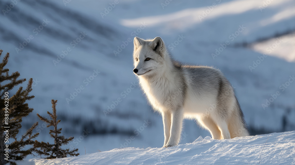Fototapeta premium Arctic fox standing alert on a ridge above frozen tundra. Life in permafrost conditions, climate change problems on the planet. Global warming
