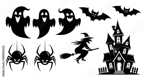 Halloween Silhouettes: Ghosts, Bats, Witch, Spiders, and Haunted House Vector Set