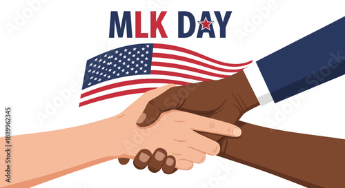 Diverse Hands Shaking in Unity with American Flag and MLK Day Text