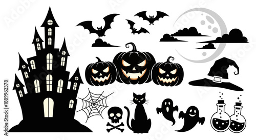 Happy Halloween Black Silhouette Elements: Castle, Pumpkins, Cat, Ghosts, Bats, Moon