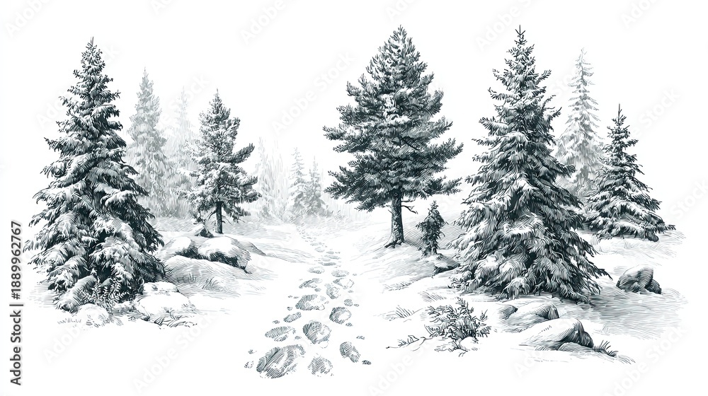 Fototapeta premium Engraving sketch of snowy winter forest path with pine trees and footprints leading into frosty wilderness