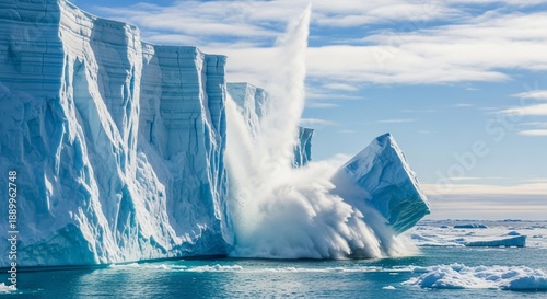 Iceberg collapse into the icy cold Antarctic waters.