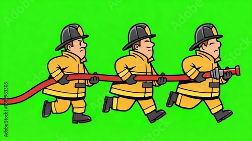 A fire brigade rushes to a fire with a fire hose in hand. Animation. Green screen, cartoon, video footage, mockup, looped video, chroma key.
