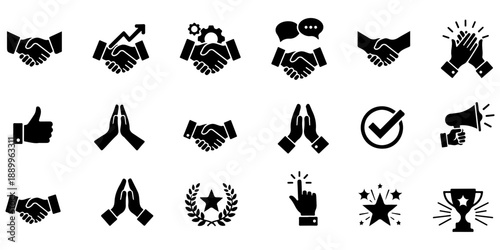 Business success and cooperation silhouettes set featuring various handshakes, applause, thumbs up, megaphone, trophy and award symbols isolated on transparent
