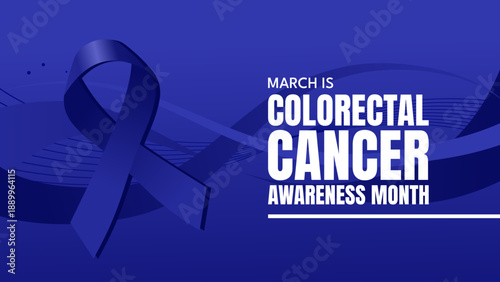 March is Colorectal Cancer Awareness Month banner with dark blue ribbon and wave background, vector illustration