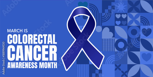 March is Colorectal Cancer Awareness Month banner with blue ribbon and geometric pattern, vector illustration