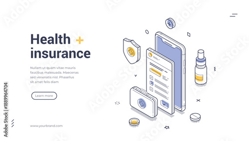Health insurance web banner. Isometric template for medical protection. Vector illustration with smartphone, shield, and pills for a digital healthcare service or online policy landing page