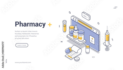 Online pharmacy web banner. Isometric template for a digital drugstore. Vector illustration with browser and medicines for an internet medicine store or healthcare landing page