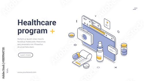 Healthcare program web banner. Isometric template for a medical insurance or online health service. Vector illustration with first aid kit, prescription for a modern landing page design