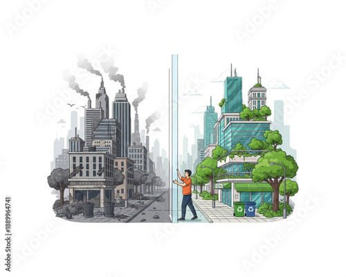 Polluted City vs Green Eco City Split Concept Illustration, Sustainable Urban Development, Clean Energy Transition, Climate Change Awareness, Recycling and Smart City