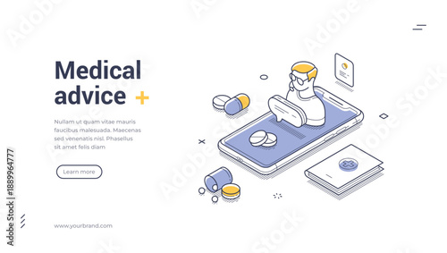 Medical advice web banner. Isometric template for an online doctor consultation or healthcare app. Vector illustration with smartphone, pills and medical record for a modern landing page design