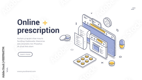 Online prescription web banner. Isometric template for a digital pharmacy service. Vector illustration with browser windows, pills, and medication for a modern internet page design