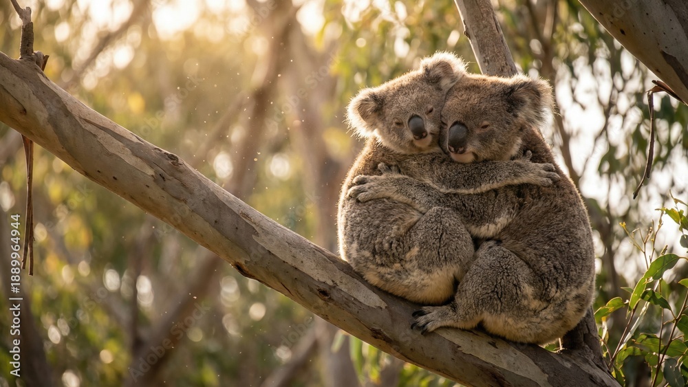 Fototapeta premium Two koala bear cuddling on a tree branch, symbolizing love and togetherness, Valentines day greeting card background.