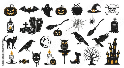 Spooky Halloween Vector Icons: Pumpkins, Bats, Ghosts, and Haunted House Collection