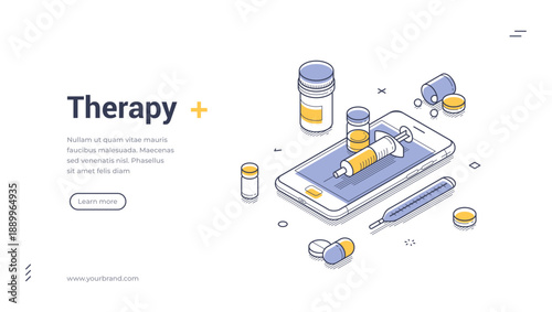 Online therapy web banner. Isometric vector illustration for medical landing page template. Modern design has smartphone, syringe, pills, thermometer for digital healthcare service