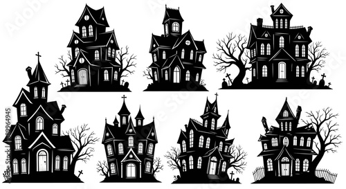 Collection of Spooky Haunted Houses Silhouettes on a White Background