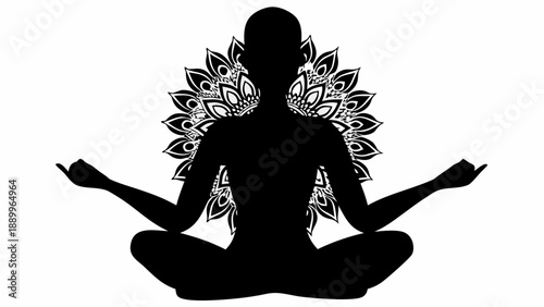 Serene woman meditating in lotus position with floral mandala
