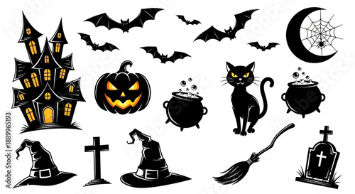 Spooky Halloween Vector Illustrations: Haunted House, Bats, Cat, Pumpkin, Witch Hats