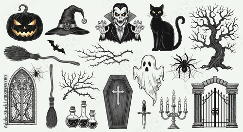 Classic Halloween Icons Collection: Spooky and Festive Vector Graphics for Design