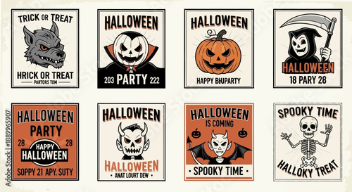 Collection of Vintage Halloween Posters Featuring Spooky Characters and Festive Themes