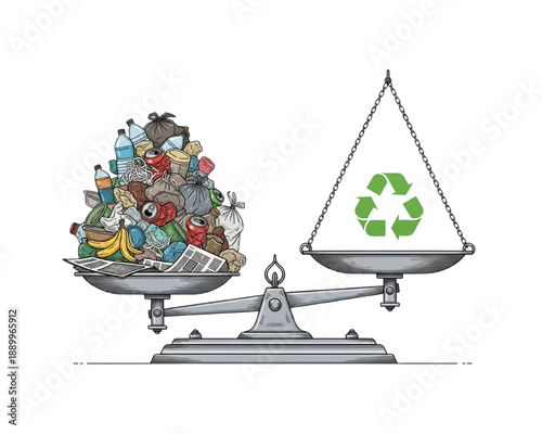 Waste Overload vs Recycling Balance Scale Concept Flat Vector Illustration, Trash Pile and Green Recycle Symbol, Reduce Waste Campaign, Circular Economy, Sustainability Awareness