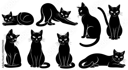 Set of Diverse Black Cat Poses in Stylized Vector Illustrations