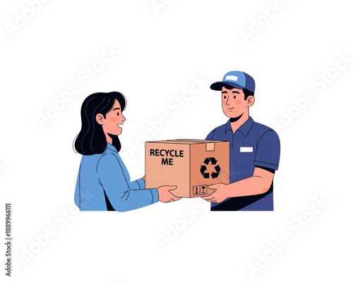 Courier Pickup Recyclable Package Flat Vector Illustration, Delivery Man Collecting Recycle Me Box from Customer, Reverse Logistics, Sustainable Shipping, Eco Friendly Returns