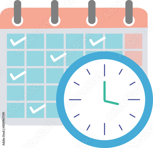 Scheduled events, appointments, deadlines visualized with calendar, clock representing time management, organization, productivity.