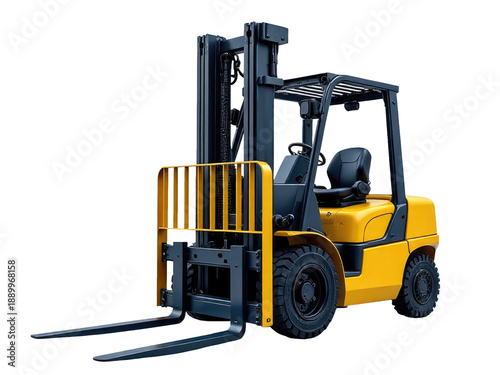 A yellow forklift truck parked on a white surface, ready to use