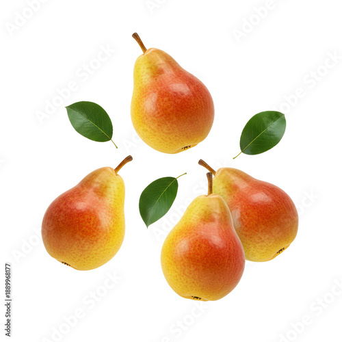 Fresh Ripe Pears with Green Leaves Isolated on White Background