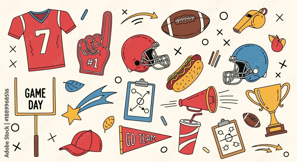 Fototapeta premium American Football Game Day Essentials Collection Vector Illustration